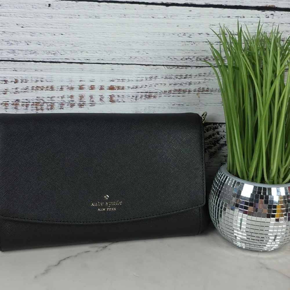 KATE SPADE BLACK CLUTCH CROSSBODY SHOULDER‎ BAG CARSON CONVERTIBLE GOLD CHAIN